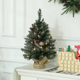   Műfenyő 60 cm LED-es mini havas hatású karácsonyfa, tobozokkal és vörös bogyókkal, stabil talppal