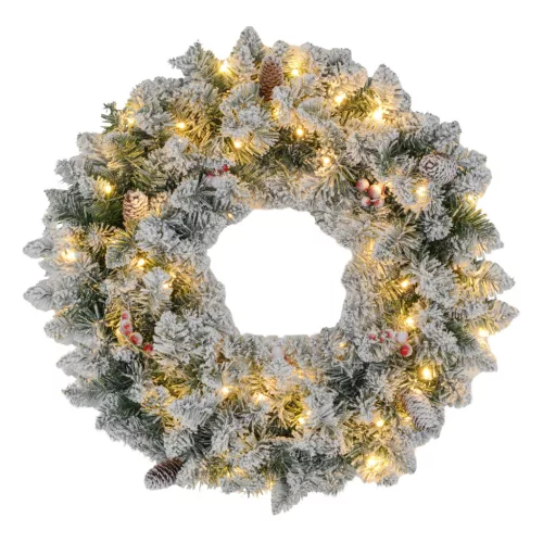 LED-es karácsonyi koszorú piros bogyókkal és tobozokkal Ø60 cm, melegfehér fénnyel, tűzálló kivitelben