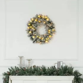 LED-es karácsonyi koszorú piros bogyókkal és tobozokkal Ø60 cm, melegfehér fénnyel, tűzálló kivitelben