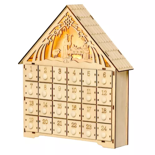 Fa adventi naptár LED-világítással 24 fiókos öröknaptár 26,6x6x30 cm