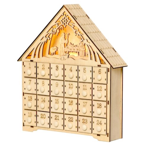 Fa adventi naptár LED-világítással 24 fiókos öröknaptár 26,6x6x30 cm