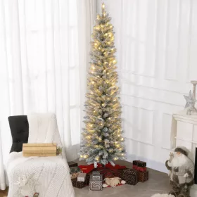 LED-es műfenyő 210 cm hóval borított ágakkal, melegfehér fényekkel, fém talppal, tűzálló kivitelben