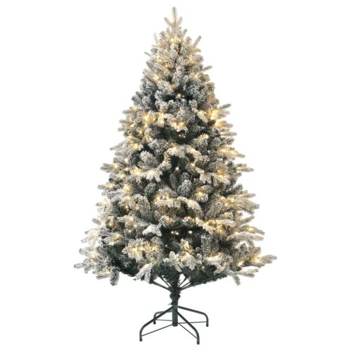 LED-es műfenyő 180 cm havas ágakkal, melegfehér fényekkel, fém talppal