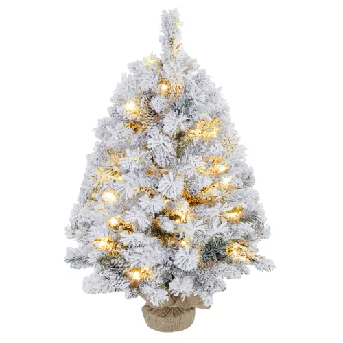 LED-es havas mini műfenyő 92 cm fenyőtobozokkal, melegfehér fényekkel, tűzálló kivitelben, beton talppal