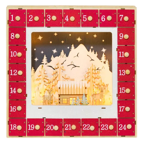 LED-es fa adventi naptár karácsonyi falukép 34x7x34 cm 24 nagy fiókkal, piros