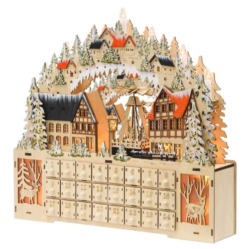 LED-es adventi naptár karácsonyi falu 24 fiókkal 18 LED 45 × 9 × 42,5 cm