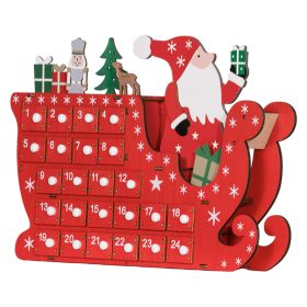   Fa adventi naptár 22,5x8x36 cm Mikulás szánon, 24 rekeszes karácsonyi öröknaptár piros