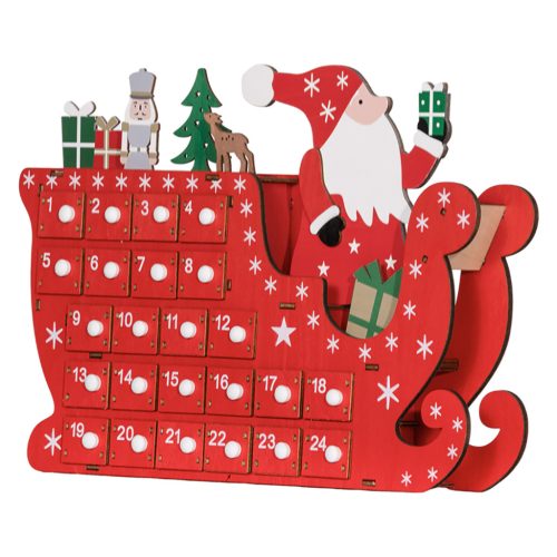 Fa adventi naptár 22,5x8x36 cm Mikulás szánon, 24 rekeszes karácsonyi öröknaptár piros