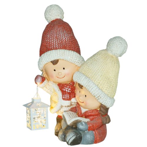 LED-es karácsonyi manó elemes, 30×23×45 cm könyvet olvasó kislány és lámpást tartó kisfiú