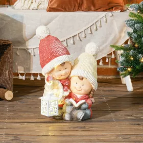   LED-es karácsonyi manó elemes, 30×23×45 cm könyvet olvasó kislány és lámpást tartó kisfiú