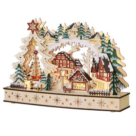   Fa karácsonyi falu 45x12x30 cm, natúr fa 20 LED-es téli csodaország, többrétegű kialakítás