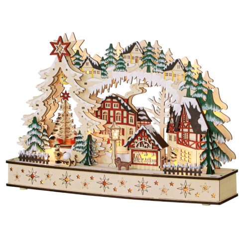 Fa karácsonyi falu 45x12x30 cm, natúr fa 20 LED-es téli csodaország, többrétegű kialakítás