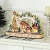 Fa karácsonyi falu 45x12x30 cm, natúr fa 20 LED-es téli csodaország, többrétegű kialakítás