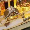 Fa karácsonyi falu 45x12x30 cm, natúr fa 20 LED-es téli csodaország, többrétegű kialakítás