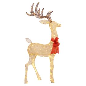   LED rénszarvas piros masnival 137 melegfehér LED, 135 cm magas, arany színű, kültéri karácsonyi dekoráció, IP44 védelemmel