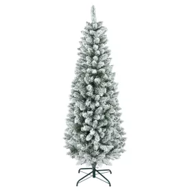 Műfenyő 183 cm, keskeny kialakítású, havas hatású karácsonyfa lángálló, háromrészes, fém talppal
