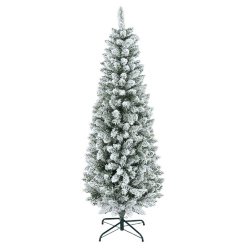 Műfenyő 183 cm, keskeny kialakítású, havas hatású karácsonyfa háromrészes, fém talppal