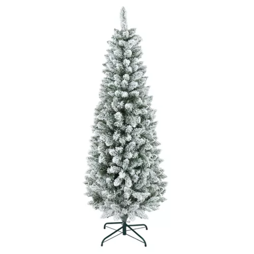 Műfenyő 183 cm, keskeny kialakítású, havas hatású karácsonyfa lángálló, háromrészes, fém talppal