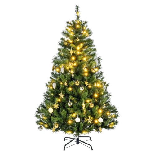 Műfenyő beépített LED-világítással és díszekkel 150 cm, 120 melegfehér LED, 511 ág, stabil fém talppal