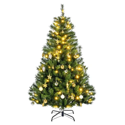 Műfenyő beépített LED-világítással és díszekkel 150 cm, 120 melegfehér LED, 511 ág, stabil fém talppal