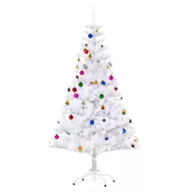   Műfenyő 150 m magas fehér karácsonyfa 680 ág, 12 toboz, díszekkel és fém állvánnyal