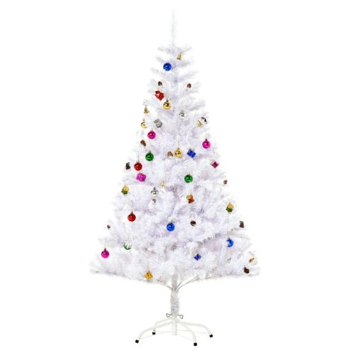 Műfenyő 150 m magas fehér karácsonyfa 680 ág, 12 toboz, díszekkel és fém állvánnyal