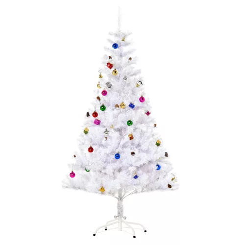Műfenyő 150 m magas fehér karácsonyfa 680 ág, 12 toboz, díszekkel és fém állvánnyal