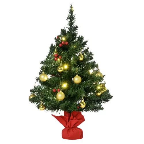 Mini LED-es karácsonyfa 60 cm magas, arany díszekkel, piros bogyókkal és melegfehér fényekkel