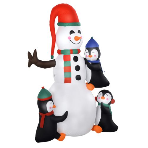 Felfújható világító hóember pingvinekkel 180 cm, színes LED-del, kültéri használatra