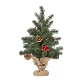   Mini műfenyő 50 cm karácsonyfa piros bogyókkal, tobozokkal, dekorációval, zsinóros cementtalppal