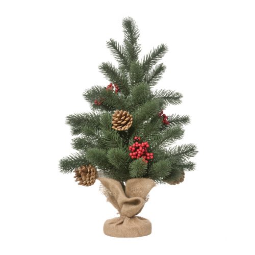 Mini műfenyő 50 cm karácsonyfa piros bogyókkal, tobozokkal, dekorációval, zsinóros cementtalppal