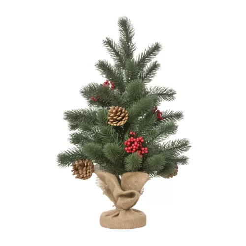 Mini műfenyő 50 cm karácsonyfa piros bogyókkal, tobozokkal, dekorációval, zsinóros cementtalppal