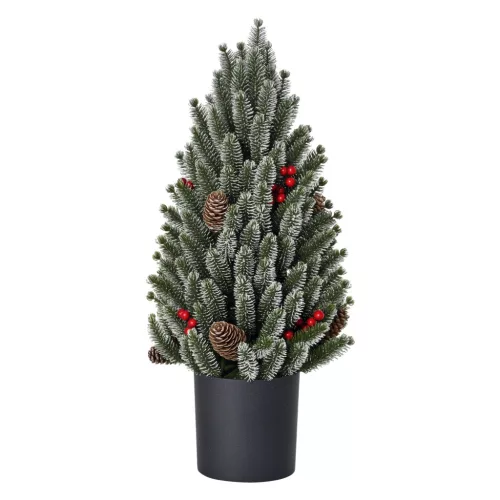 Mini műfenyő kaspóban 50 cm magas karácsonyfa fenyőtobozokkal piros bogyókkal 
