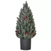 Mini műfenyő kaspóban 50 cm magas karácsonyfa fenyőtobozokkal piros bogyókkal 