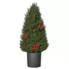 Mini műfenyő 27x27x47 cm karácsonyfa piros bogyókkal és tobozokkal dekoratív asztali karácsonyfa, cseréppel