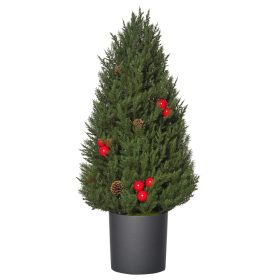   Mini műfenyő 27x27x47 cm karácsonyfa piros bogyókkal és tobozokkal dekoratív asztali karácsonyfa, cseréppel