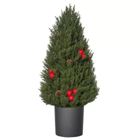   Mini műfenyő 27x27x47 cm karácsonyfa piros bogyókkal és tobozokkal dekoratív asztali karácsonyfa, cseréppel