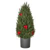 Mini műfenyő 27x27x47 cm karácsonyfa piros bogyókkal és tobozokkal dekoratív asztali karácsonyfa, cseréppel