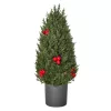 Mini műfenyő 27x27x47 cm karácsonyfa piros bogyókkal és tobozokkal dekoratív asztali karácsonyfa, cseréppel
