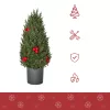 Mini műfenyő 27x27x47 cm karácsonyfa piros bogyókkal és tobozokkal dekoratív asztali karácsonyfa, cseréppel