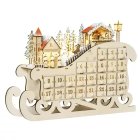   Fa adventi naptár LED-világítással 45x10x31 cm szán alakú, 24 fiókos karácsonyi öröknaptár natúr fa