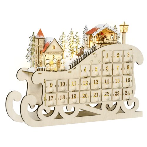 Fa adventi naptár LED-világítással 45x10x31 cm szán alakú, 24 fiókos karácsonyi öröknaptár natúr fa