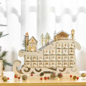   Fa adventi naptár LED-világítással 45x10x31 cm szán alakú, 24 fiókos karácsonyi öröknaptár natúr fa