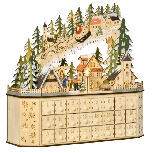 Fa adventi naptár LED-világítással 45x13x43 cm 24 fiókos karácsonyi öröknaptár natúr fa