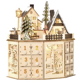   Fa adventi naptár LED-világítással 25x20x29 cm 24 fiókos karácsonyi örök naptár natúr fa