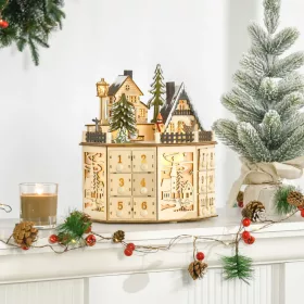   Fa adventi naptár LED-világítással 25x20x29 cm 24 fiókos karácsonyi örök naptár natúr fa