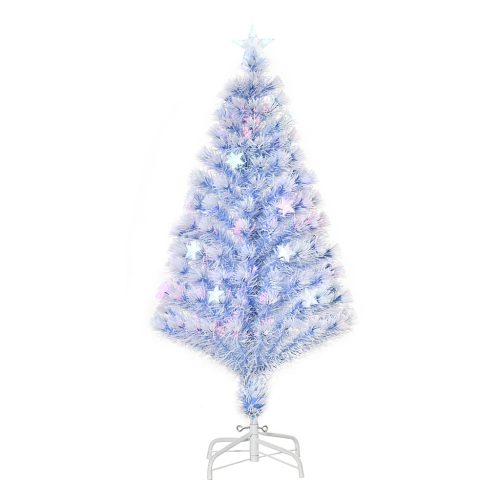 LED-es műfenyő 120 cm fehér–kék karácsonyfa üvegszálas fényekkel, stabil fém talppal