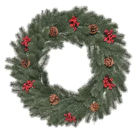   Műfenyő ajtókoszorú Ø60x8 cm karácsonyi ajtódísz tobozokkal és bogyókkal, függesztőfüllel 