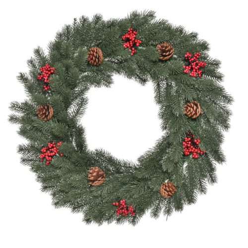 Műfenyő ajtókoszorú Ø60x8 cm karácsonyi ajtódísz tobozokkal és bogyókkal, függesztőfüllel 