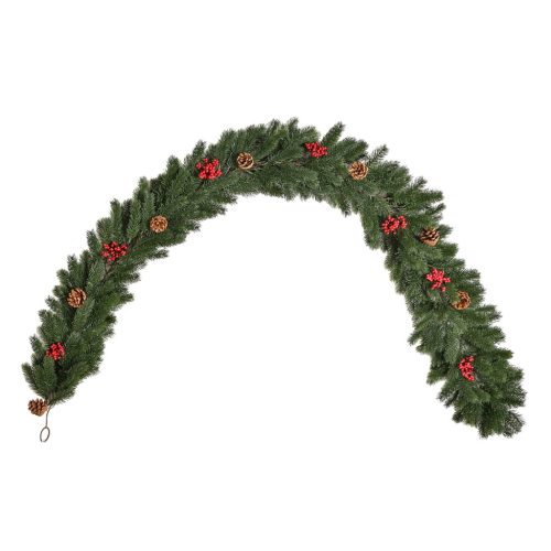 Karácsonyi fenyőgirland 190 cm műfenyő girland tobozokkal és piros bogyókkal, beltérre és kültérre
